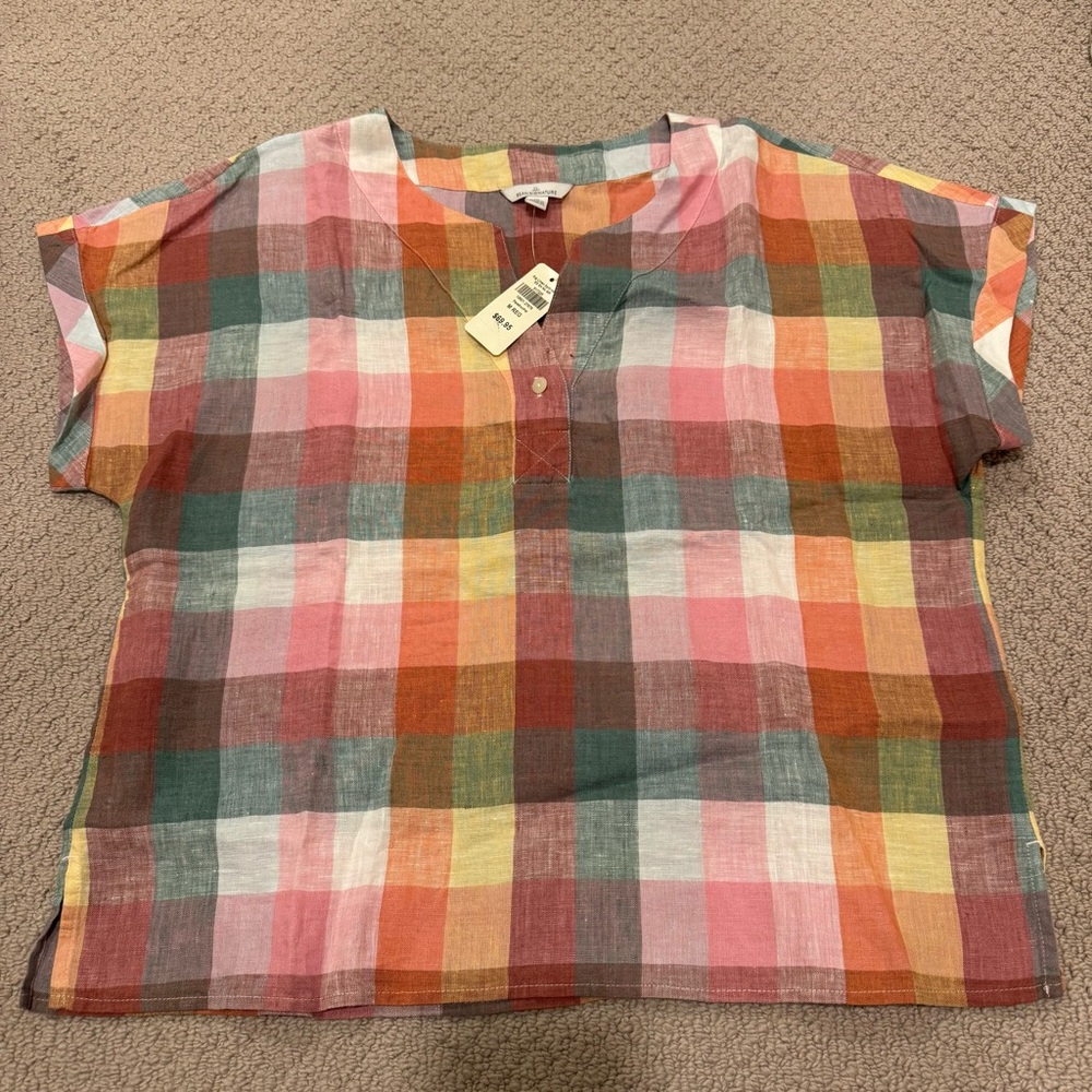 L.L. Bean Signature Women’s Linen Plaid Short Sleeve Split Hem Top size Medium